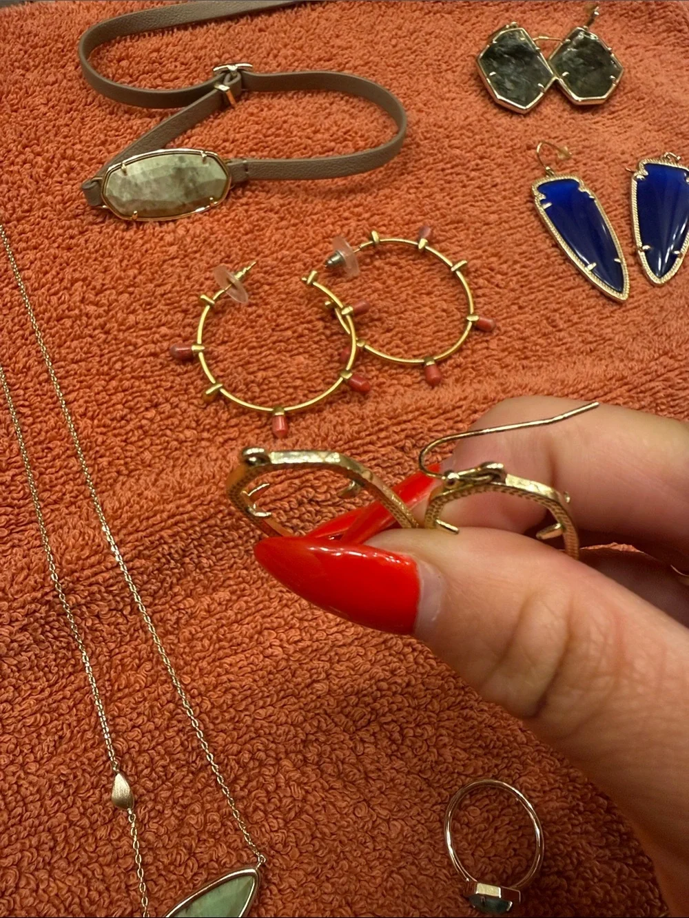 Gold Tone Mixed Necklace and Earring Set in Coral, Teal, Blue